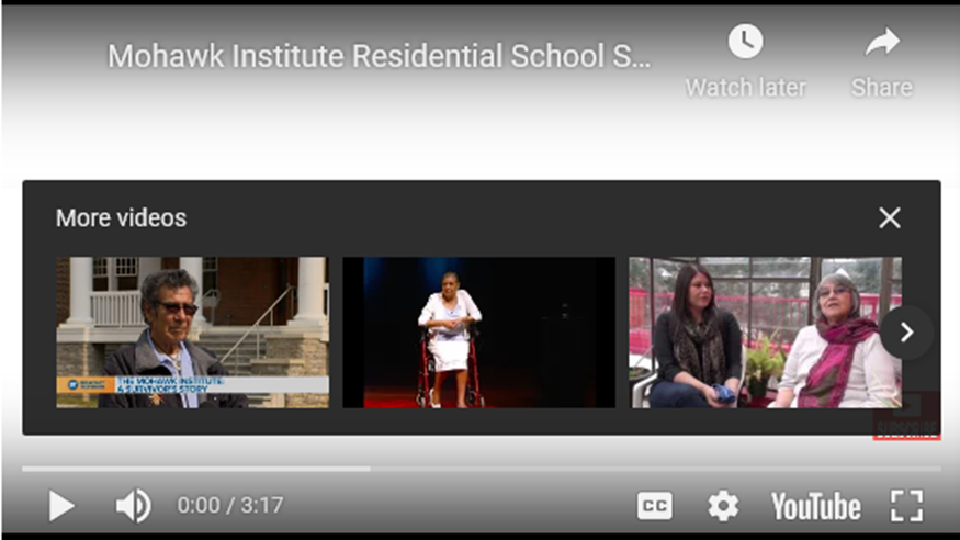 Screenshot of videos of interviews with Mohawk Institute Residential School survivors. Source: Layla Black, Marketing Coordinator, Woodland Cultural Centre, https://woodlandculturalcentre.ca/resources/ 