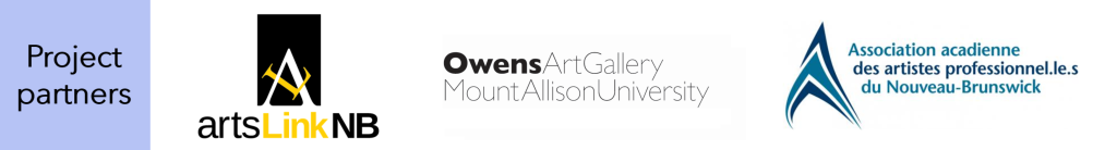 Logos of three partners in a cultural research project in New Brunswick: ArtsLink NB, Owens Art Gallery, and the Association acadienne des artistes professionnel.le.s du Nouveau-Brunswick